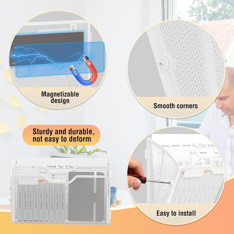 Docnest 2 Tier 3 Pack Magnetic Wall Mounted File Holders,Mesh Letter Organizer, Magnetic Hanging Mail Paper Document Organizer for Office, Home, School, White - Image 3
